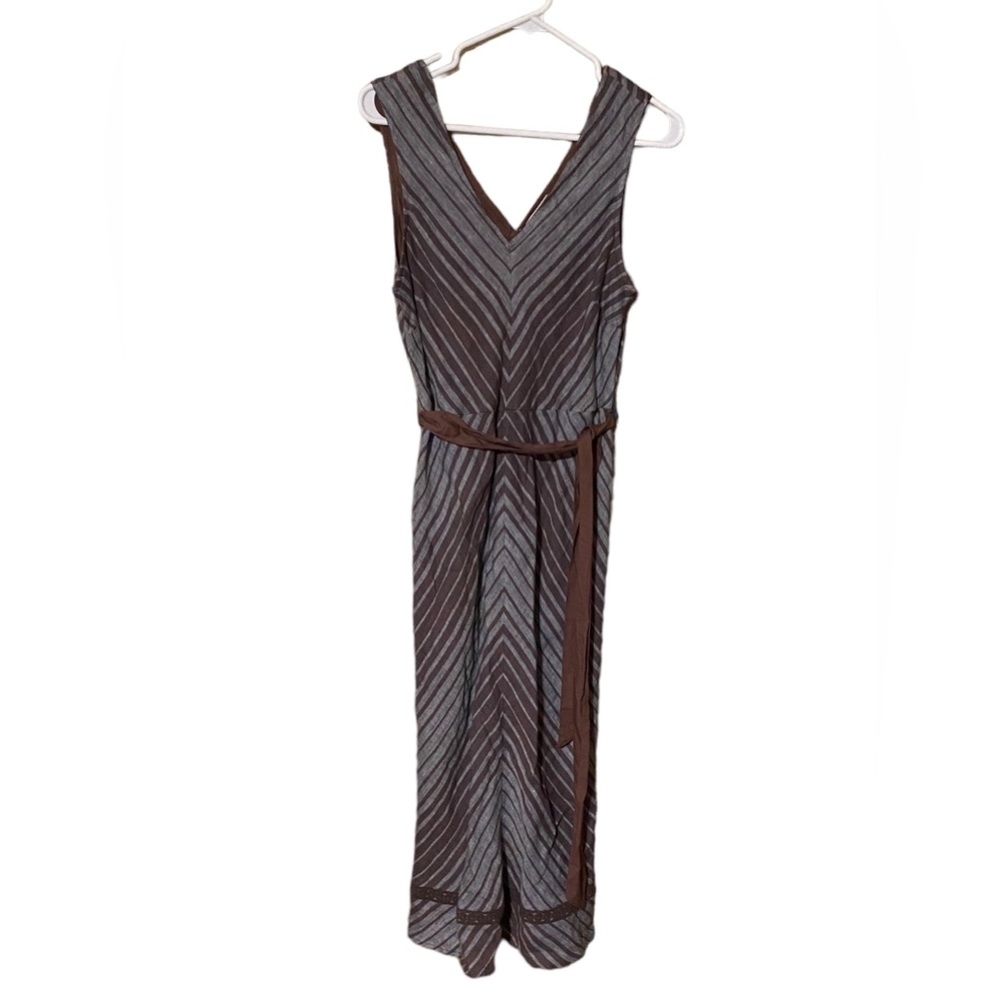 Sundance 100% Linen Dress Womens 6 Brown Stripe V-Neck Belted Fit & Flare